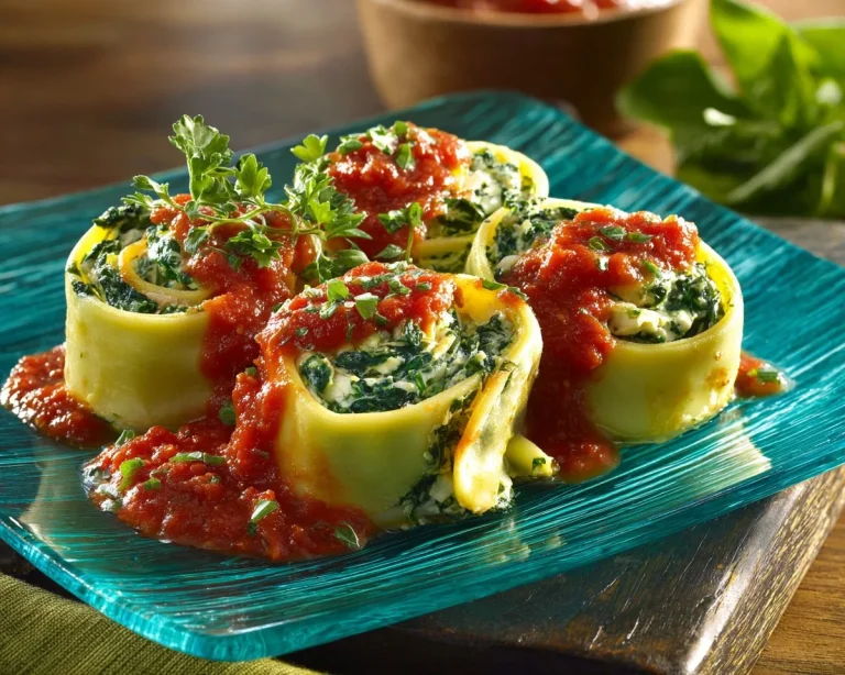 Plate of spinach lasagna rollups garnished with fresh herbs and cheese.