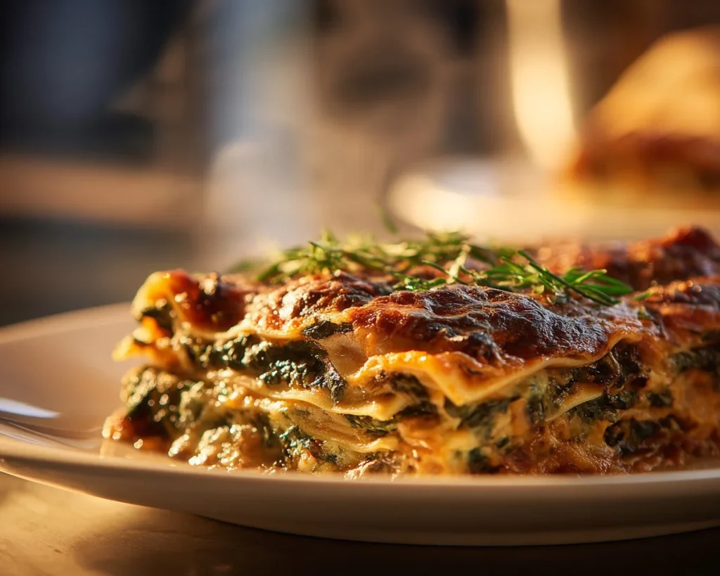 Delicious Spinach Mushroom Lasagna served in a dish, showcasing its layers