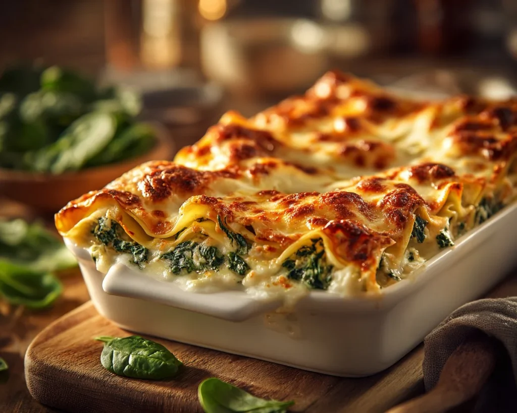 Delicious Spinach Ricotta Lasagna baked to perfection with layers of cheese and spinach