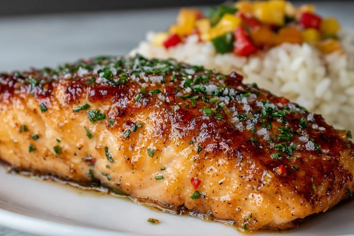 Delicious sweet and spicy Cajun Salmon dish served with fresh vegetables
