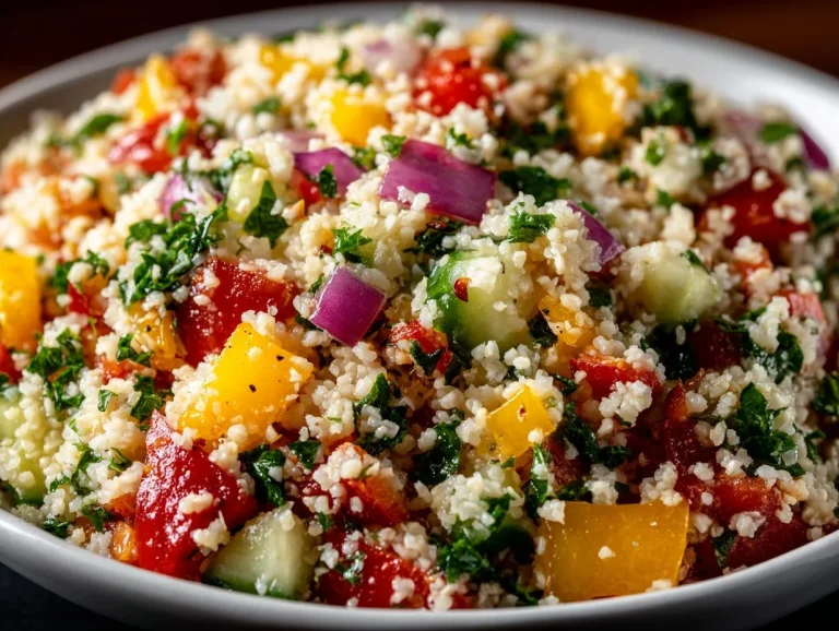 Bowl of fresh Tabbouleh Salad with parsley, tomatoes, and bulgur wheat.