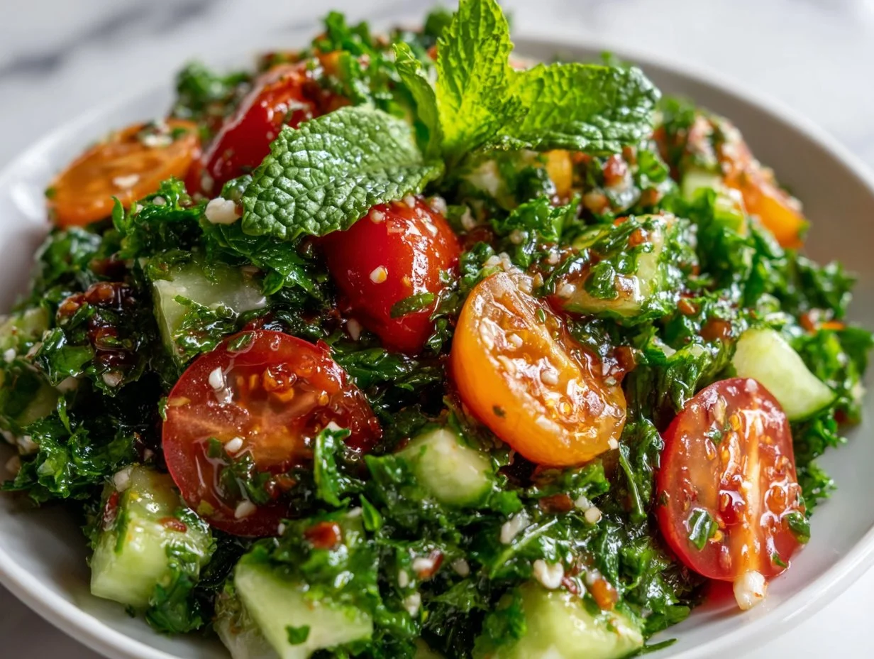 Fresh Tabouli Salad recipe with bulgur, parsley, tomato, and mint.