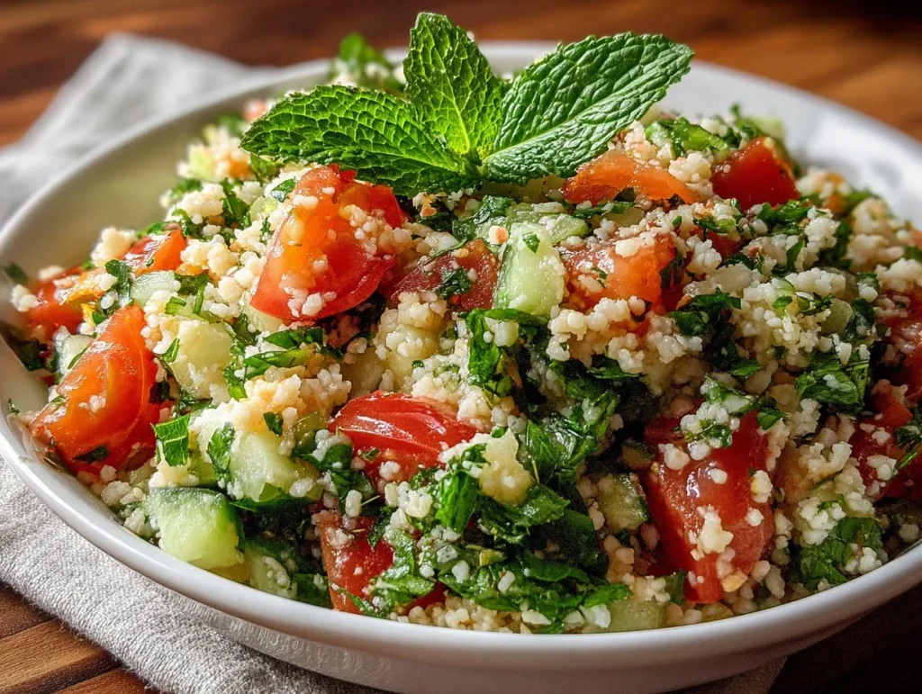 Freshly prepared Tabouli salad with parsley, tomatoes, and bulgur wheat