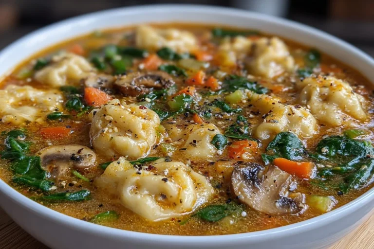 Bowl of Thai coconut curry dumpling soup with fresh herbs and spices
