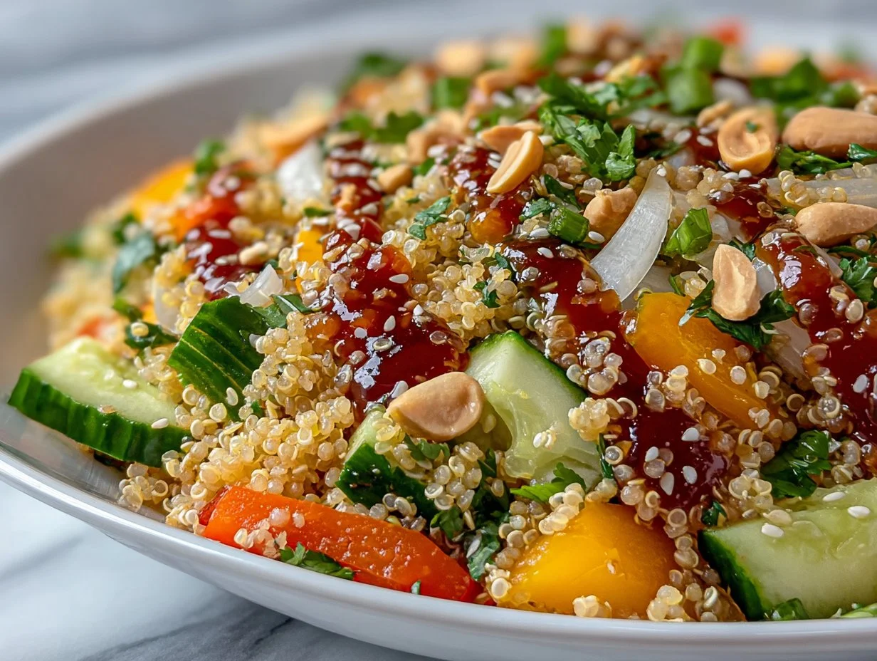 Colorful Thai Quinoa Salad with fresh vegetables and dressing