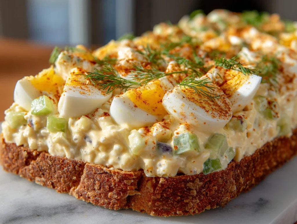 Creamy dill pickle egg salad in a bowl, garnished with fresh herbs.