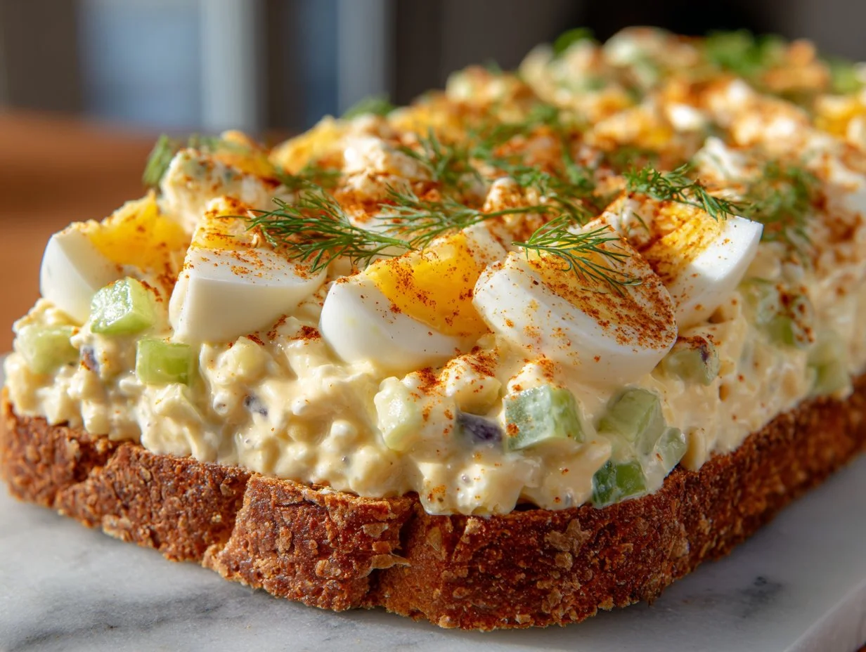 Creamy dill pickle egg salad in a bowl, garnished with fresh herbs.