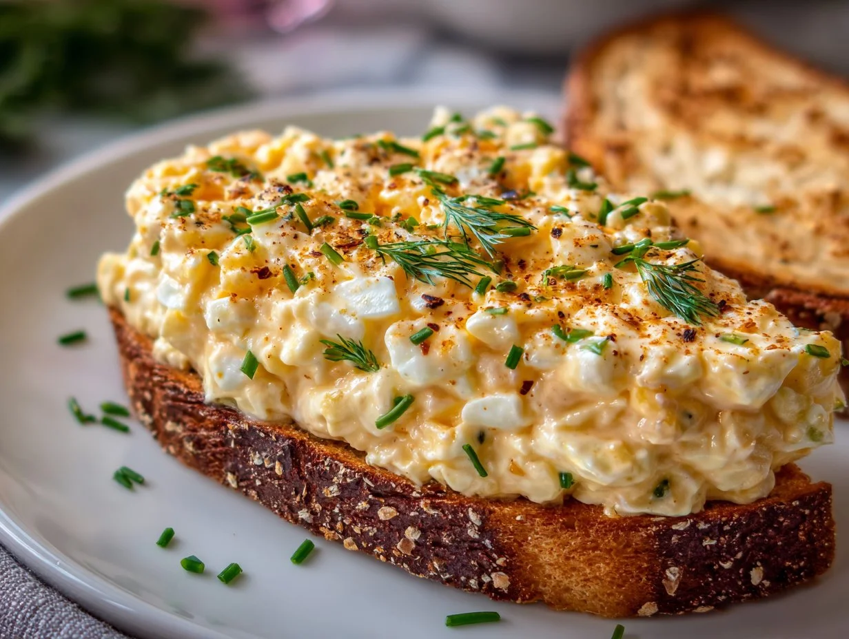 Bowl of classic creamy egg salad with fresh herbs and veggies