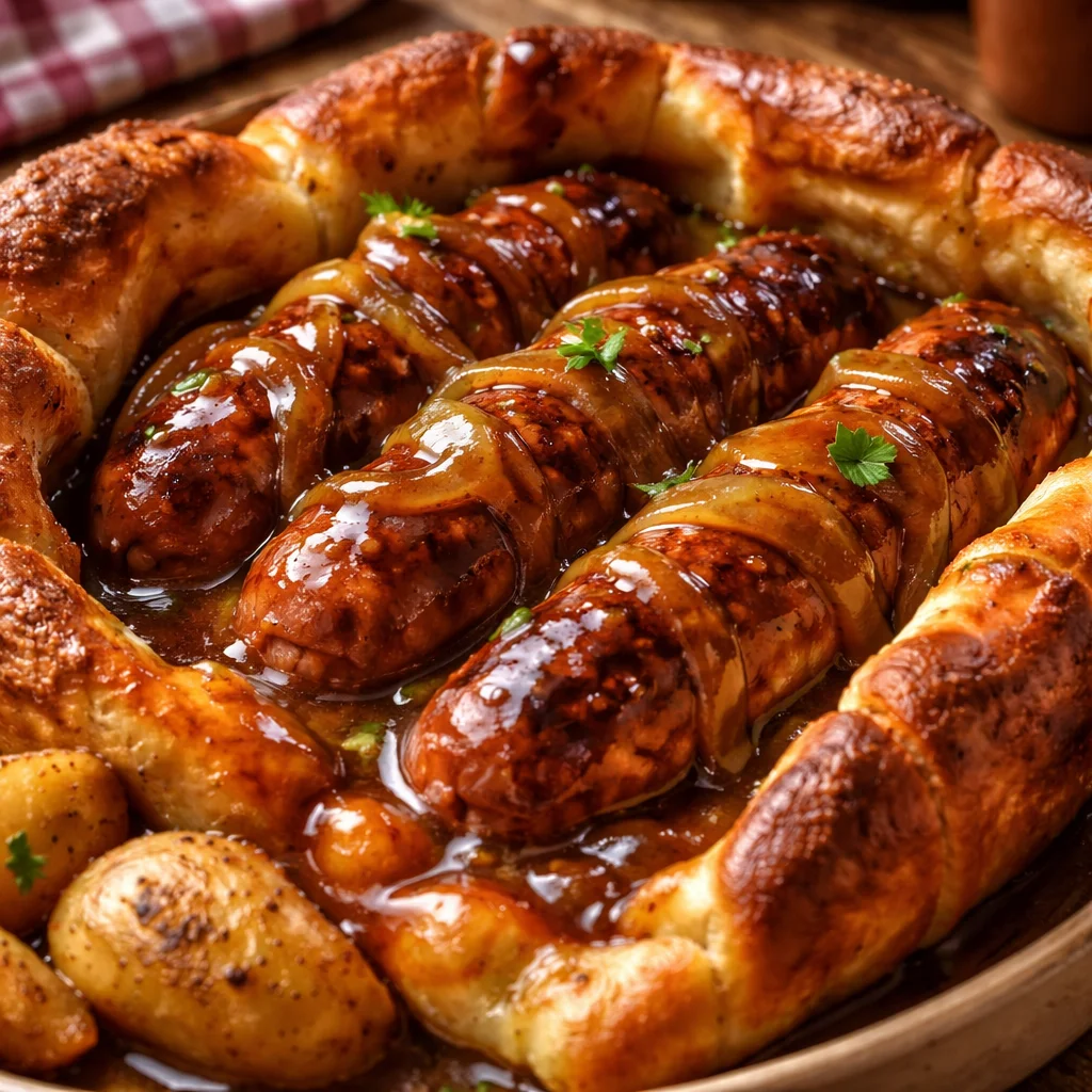 Toad in the Hole recipe with sausages in Yorkshire pudding