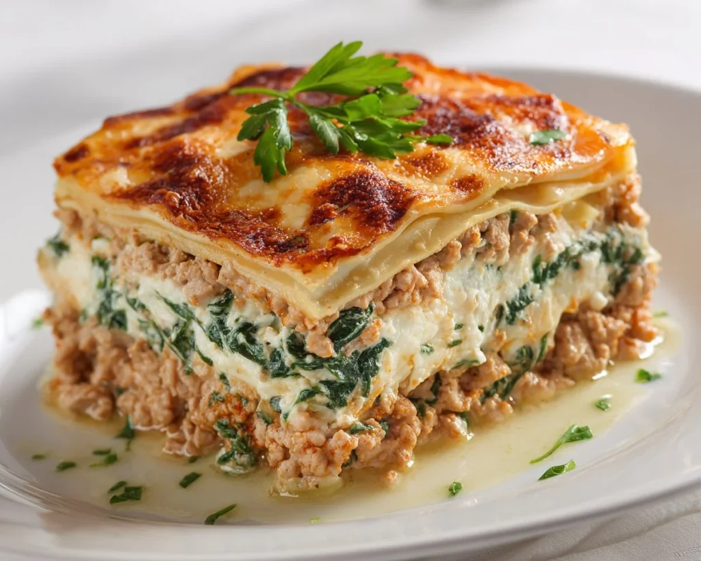 Healthy Turkey Lasagna with Spinach and Ricotta baked in a casserole dish.