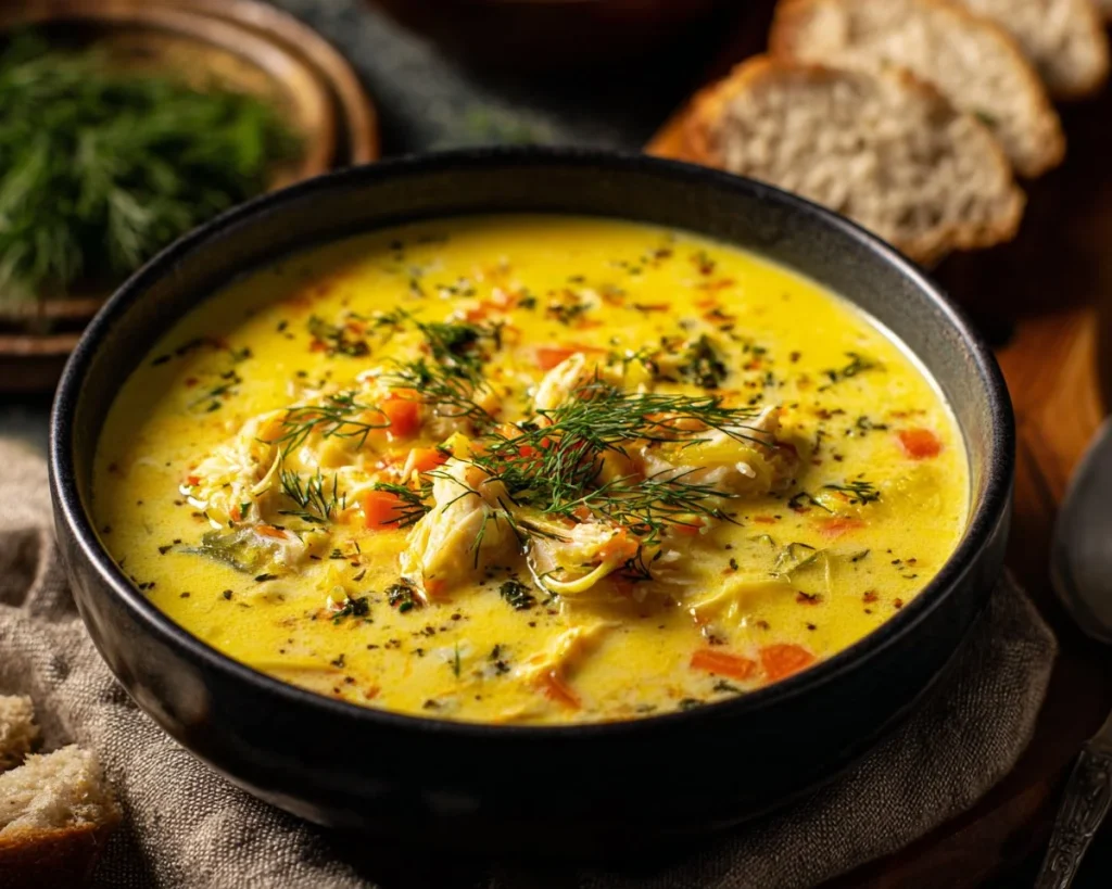 Bowl of turkey lentil soup garnished with herbs and spices