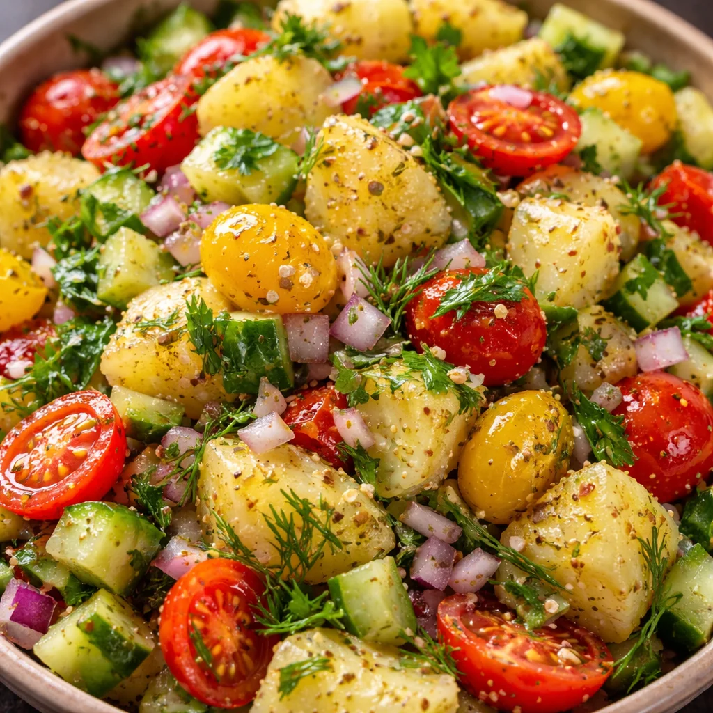 Turkish potato salad served in a bowl with flavorful ingredients