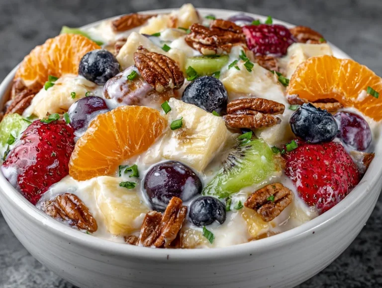 Vanilla pudding fruit salad, a vibrant mix of fruits and creamy vanilla pudding.