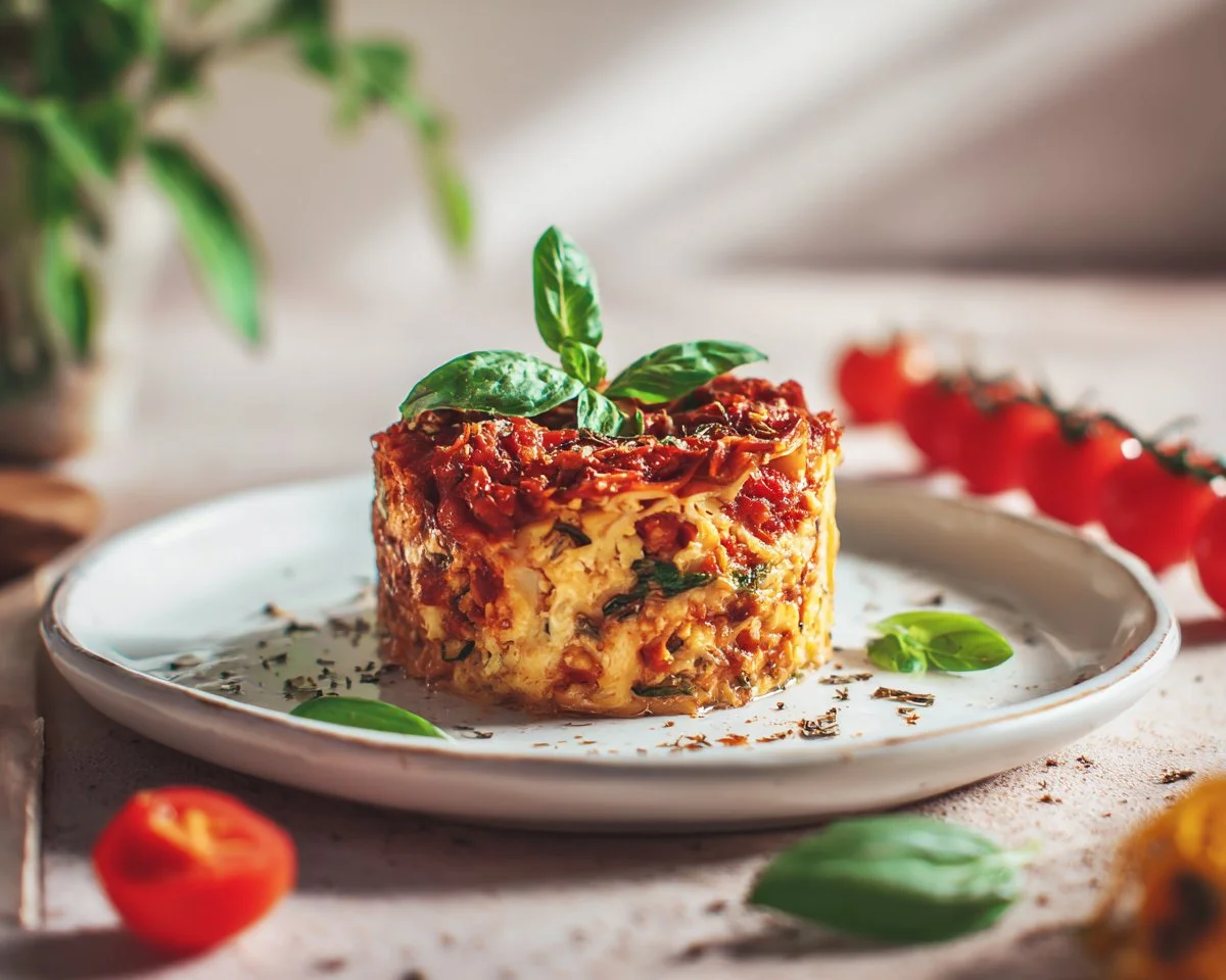 Delicious Vegan Bolognese Lasagna served with fresh basil and vegan cheese