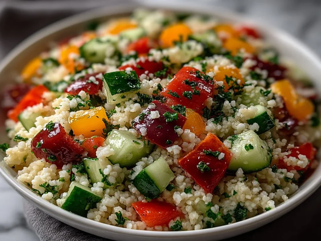 Delicious vegan bulgur salad with fresh vegetables and herbs