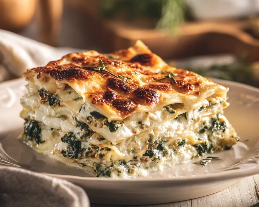 Delicious vegan white lasagna layered with fresh vegetables and creamy sauce