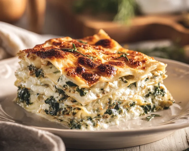 Delicious vegan white lasagna layered with fresh vegetables and creamy sauce