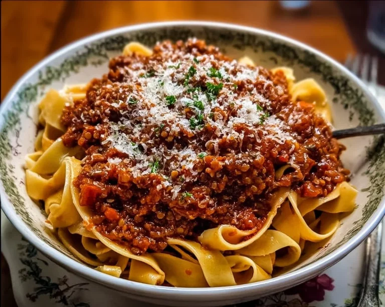 Bowl of hearty Vegetarian Bolognese with fresh herbs and vegetables
