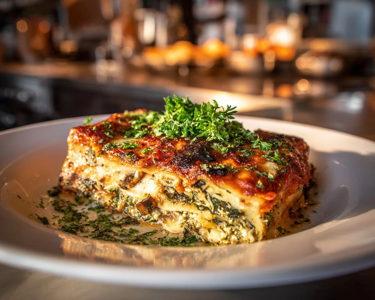 Delicious vegetarian lasagna layered with fresh vegetables and cheese