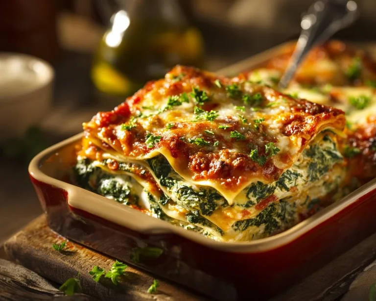 Delicious vegetarian spinach lasagna served on a plate with melting cheese