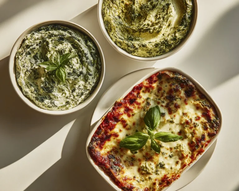 Vegetarian spinach ricotta lasagna with layers of cheese and herbs