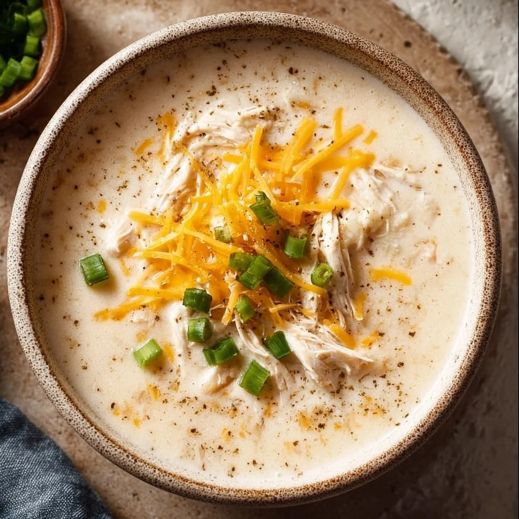 Bowl of creamy White Chicken Chili garnished with cilantro and lime