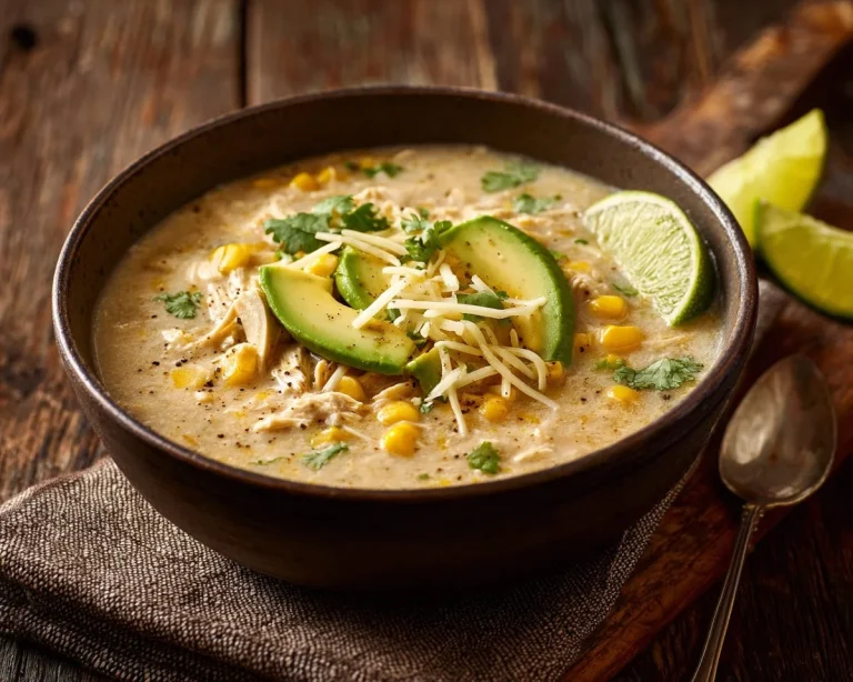 Bowl of creamy white chicken chili with cilantro and tortilla strips