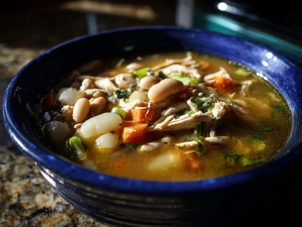 Bowl of white chicken chili topped with avocado and cilantro