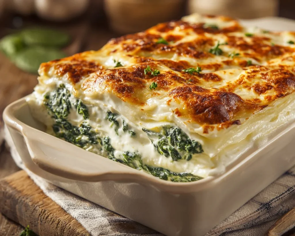 Creamy white lasagna with spinach layered between pasta sheets