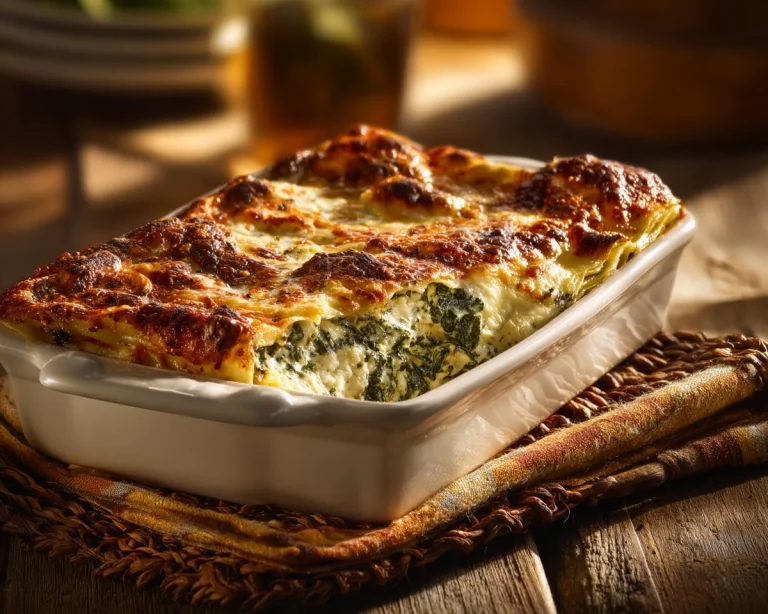 Delicious white lasagna with spinach in a casserole dish
