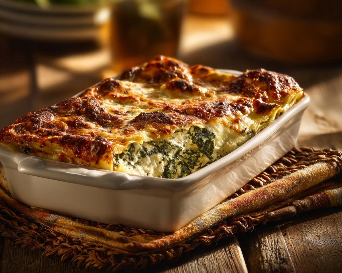 Delicious white lasagna with spinach in a casserole dish