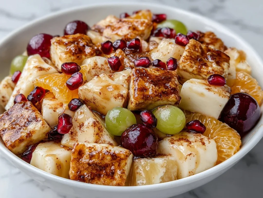 A vibrant bowl of winter fruit salad with seasonal fruits like oranges and pomegranates