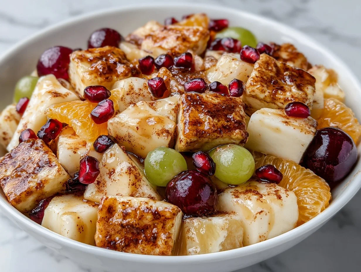 A vibrant bowl of winter fruit salad with seasonal fruits like oranges and pomegranates