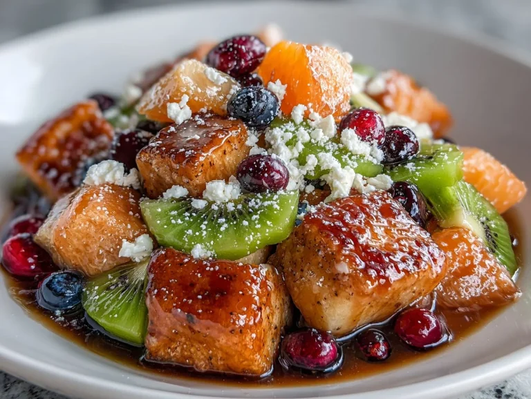 Winter fruit salad topped with maple-lime dressing, showcasing vibrant seasonal fruits.