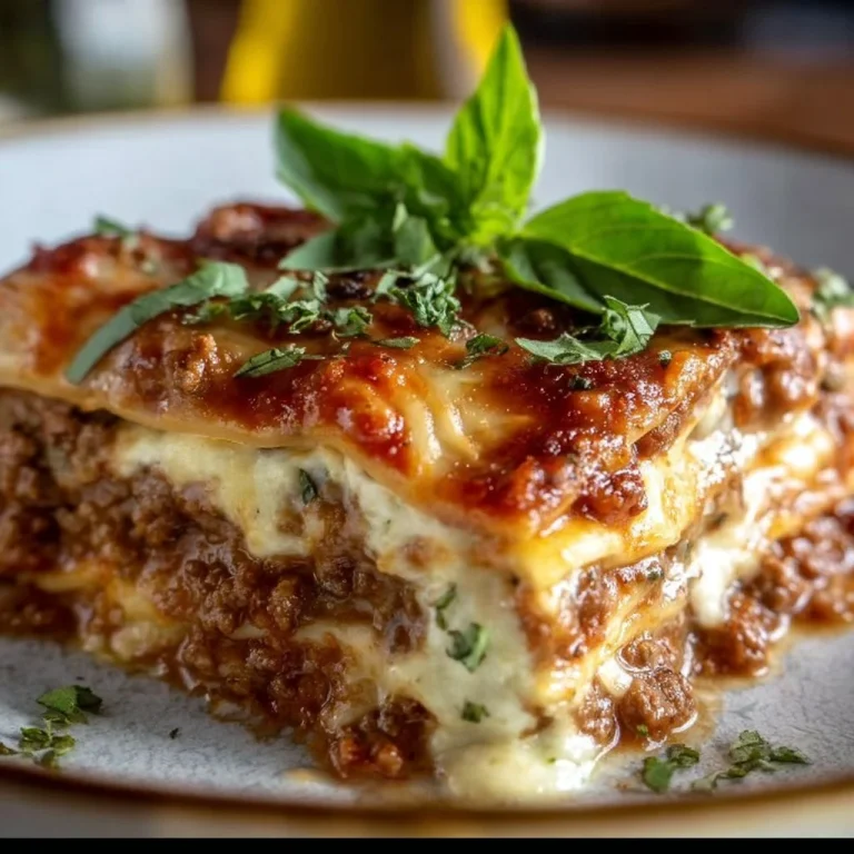 Layered lasagna with rich meat sauce, cheese, and herbs in a baking dish