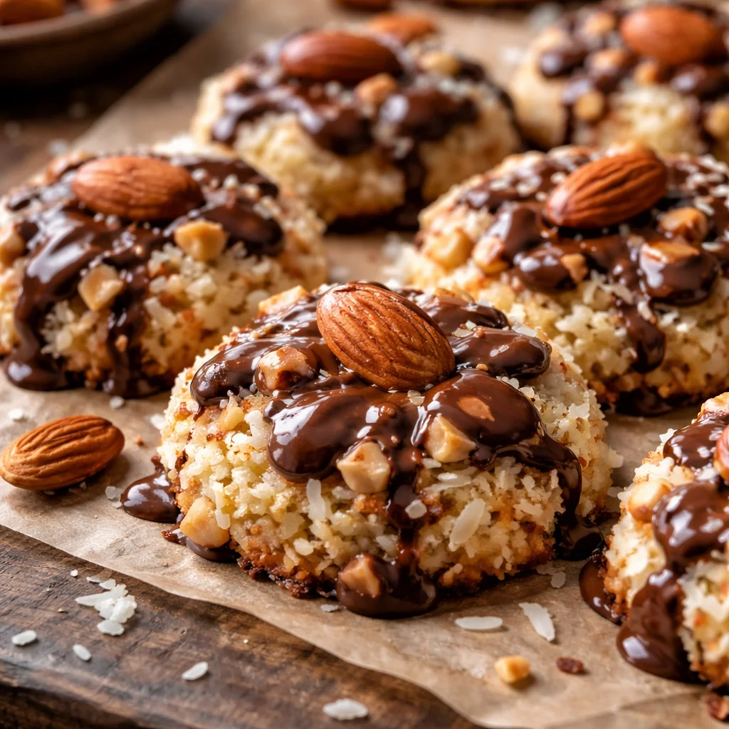 Four ingredient Almond Joy Cookies made with coconut, chocolate, and almonds
