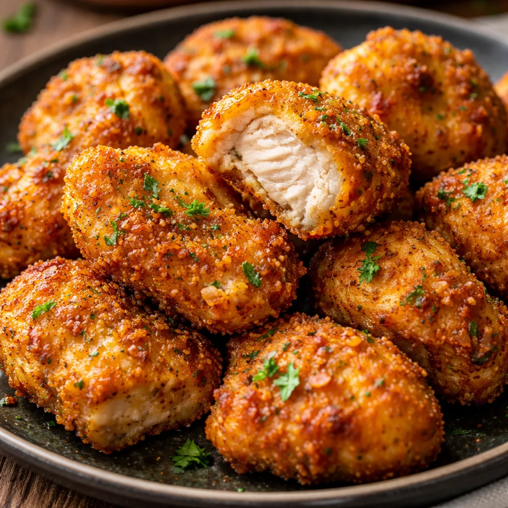 Crispy air fryer ranch-crusted chicken bites served on a plate