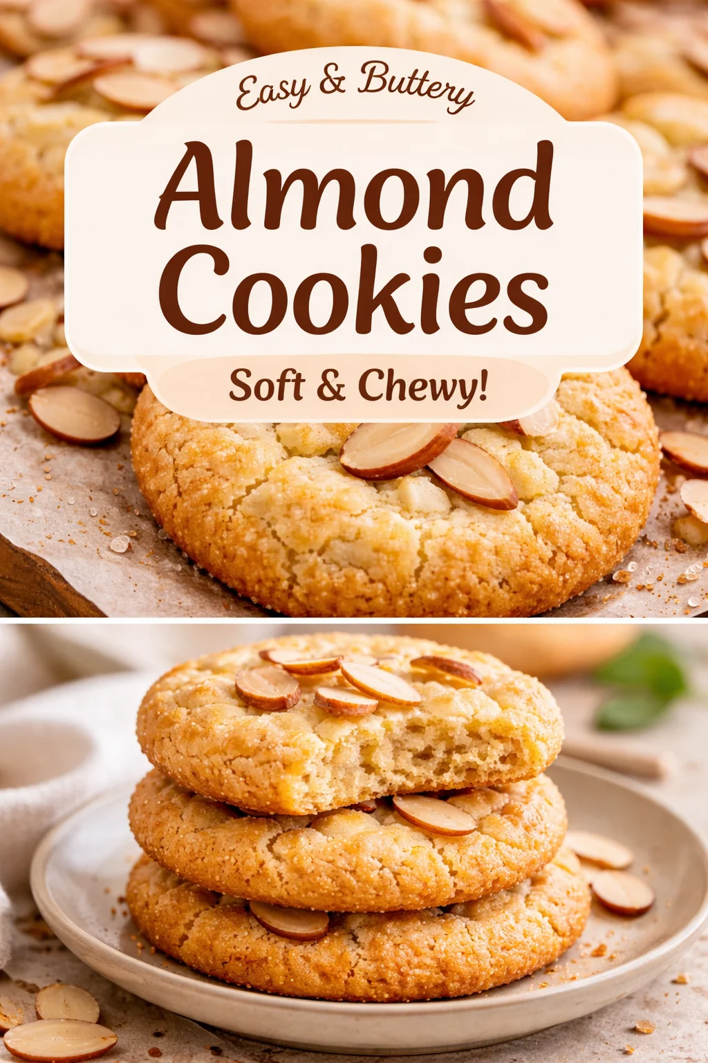 Freshly baked almond cookies on a plate, topped with almond slivers.