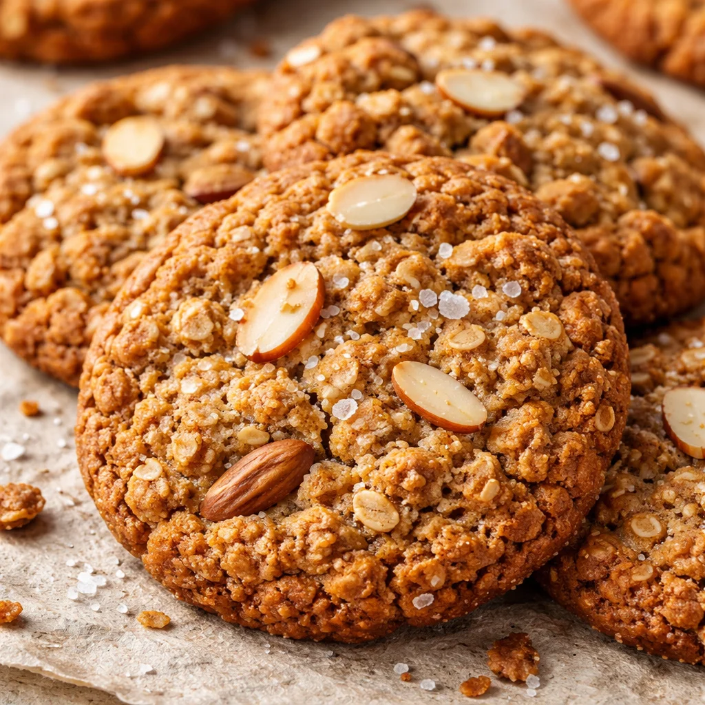 Almond flour oatmeal cookies on a baking tray, fresh from the oven.