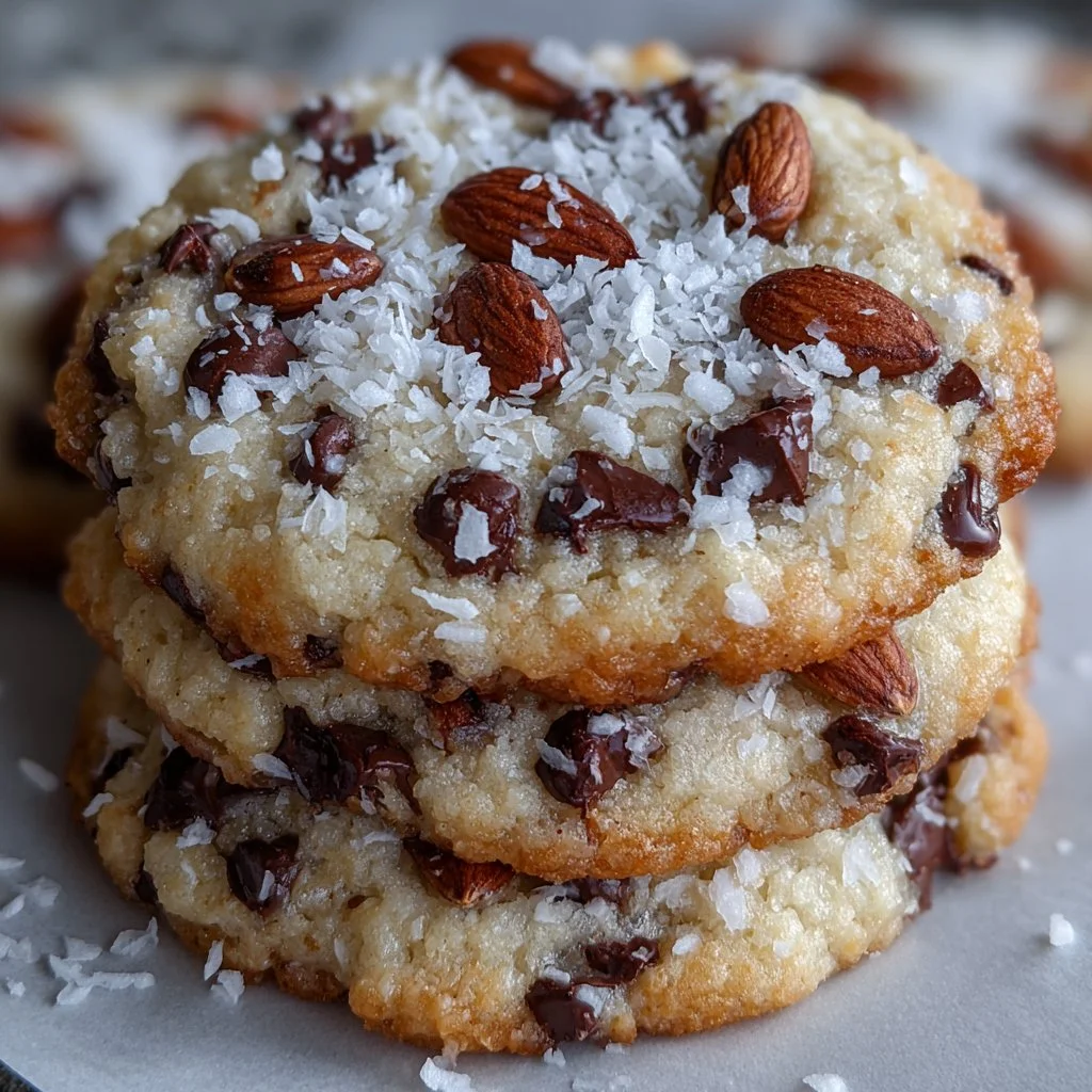 Homemade Almond Joy Cookies with chocolate, coconut, and almonds