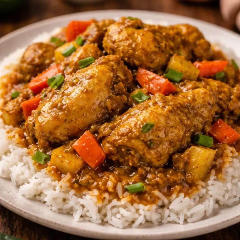 Delicious plate of authentic Jamaican Curry Chicken with vibrant spices