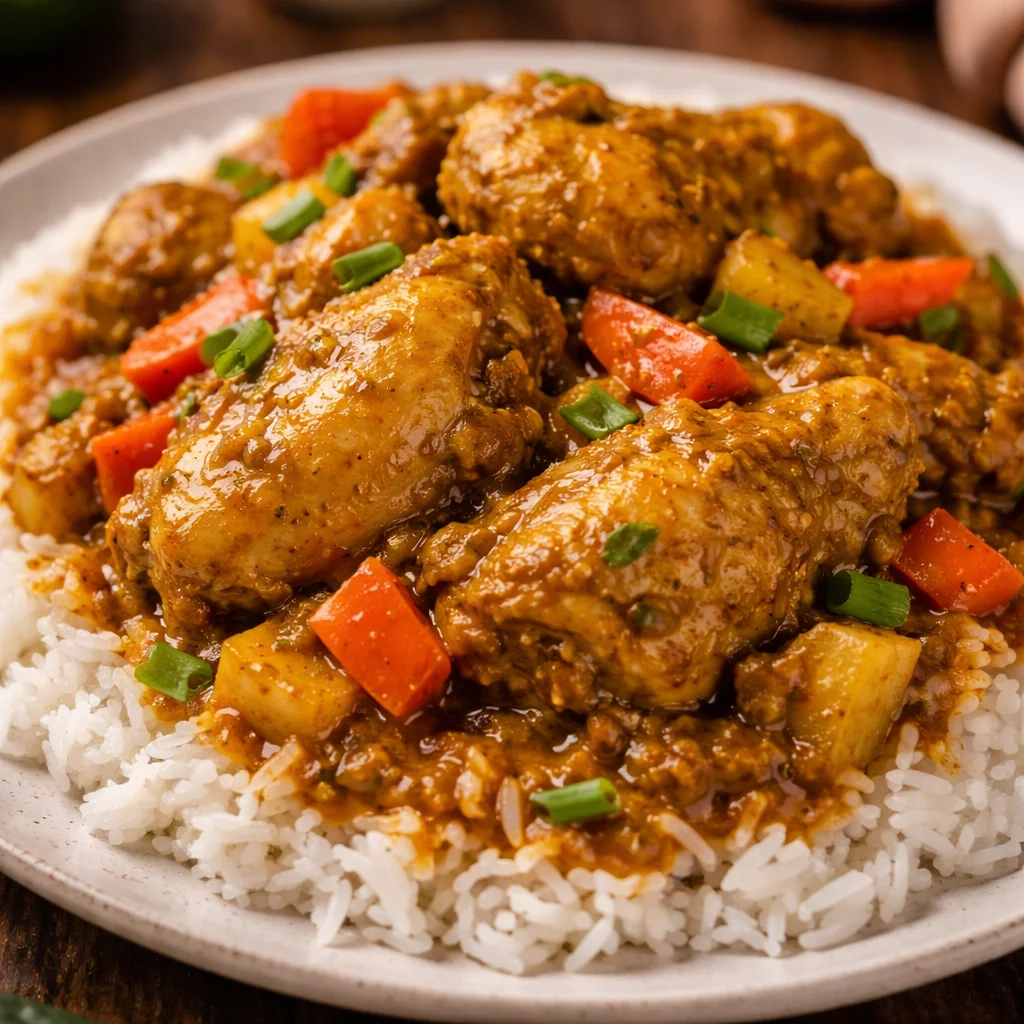 Delicious plate of authentic Jamaican Curry Chicken with vibrant spices