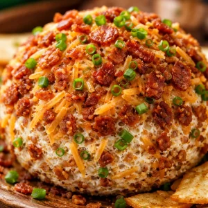 Delicious Bacon Cheddar Cheese Ball served with crackers and fresh vegetables.