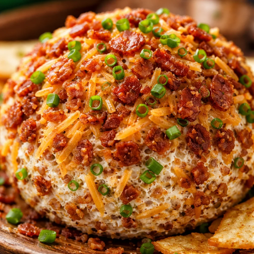 Delicious Bacon Cheddar Cheese Ball served with crackers and fresh vegetables.