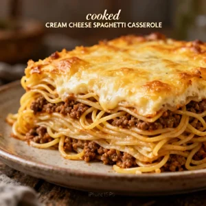 Baked cream cheese spaghetti casserole in a dish, garnished with herbs