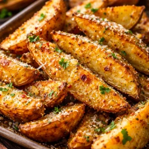 Crispy Baked Garlic Parmesan Potato Wedges served with dipping sauce