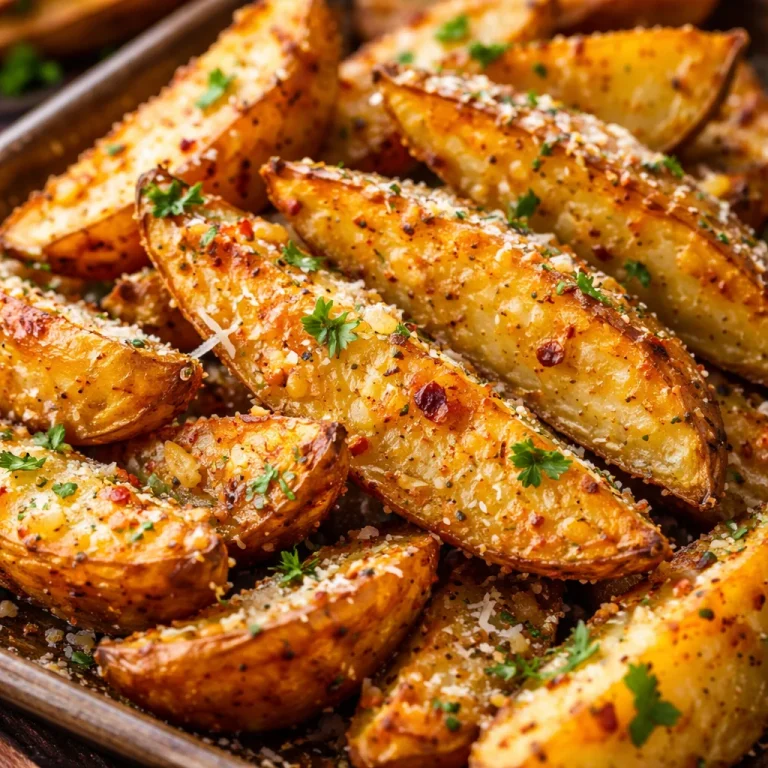 Crispy Baked Garlic Parmesan Potato Wedges served with dipping sauce