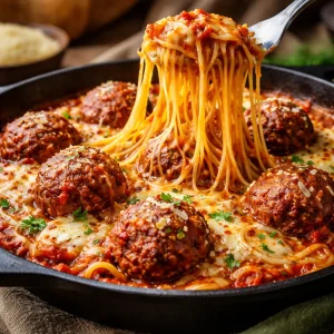 Baked Spaghetti & Meatballs topped with cheese and herbs, served in a dish.