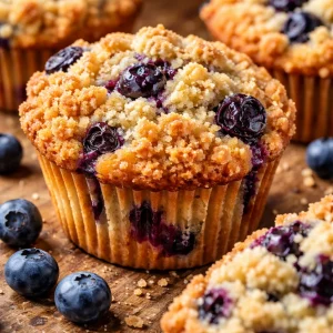 Freshly baked bakery-style blueberry streusel muffins on a cooling rack