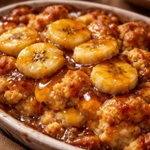 Delicious Bananas Foster Cobbler dessert with caramelized bananas and cobbler topping.
